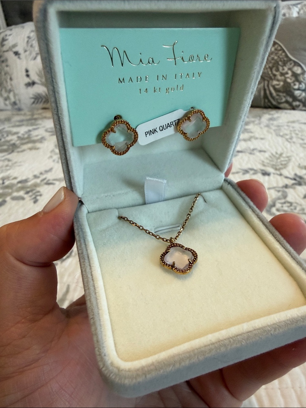 Mia Fiore Pink Quartz Clover Necklace & Stud Earrings Set in 14K Gold
